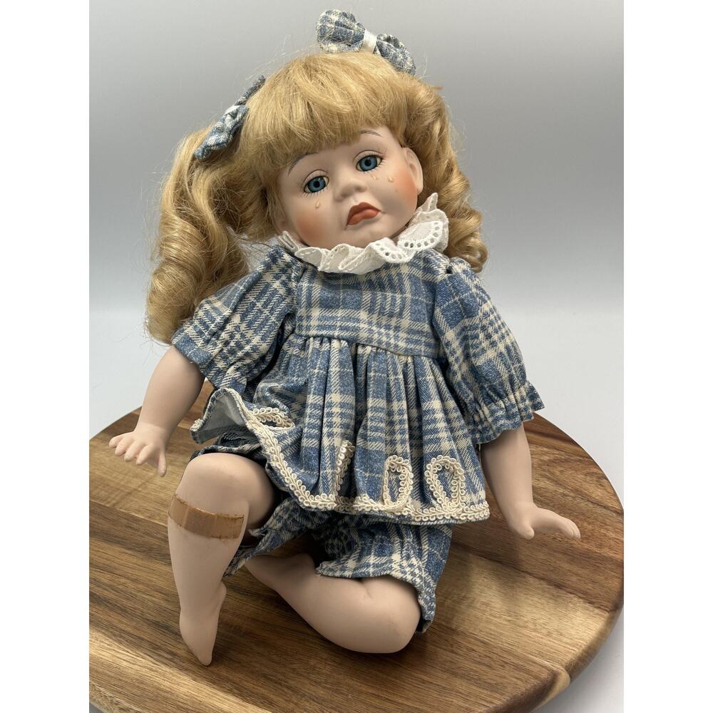 Vintage Crying Girl Porcelain Doll Blue Eyes 11" Plaid Dress Blonde Hair Bandage
